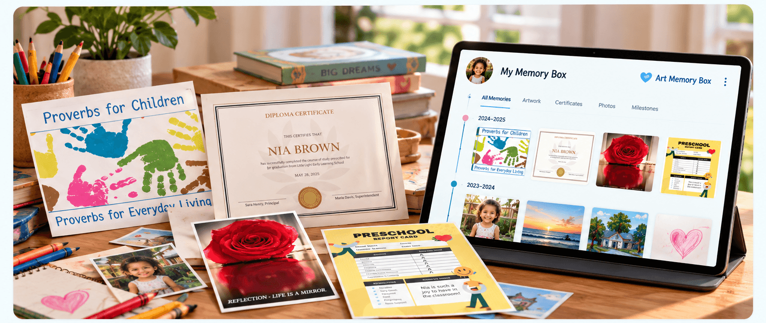 Childhood artwork, certificates, photos, report cards, and memories organized into one Art Memory Box story