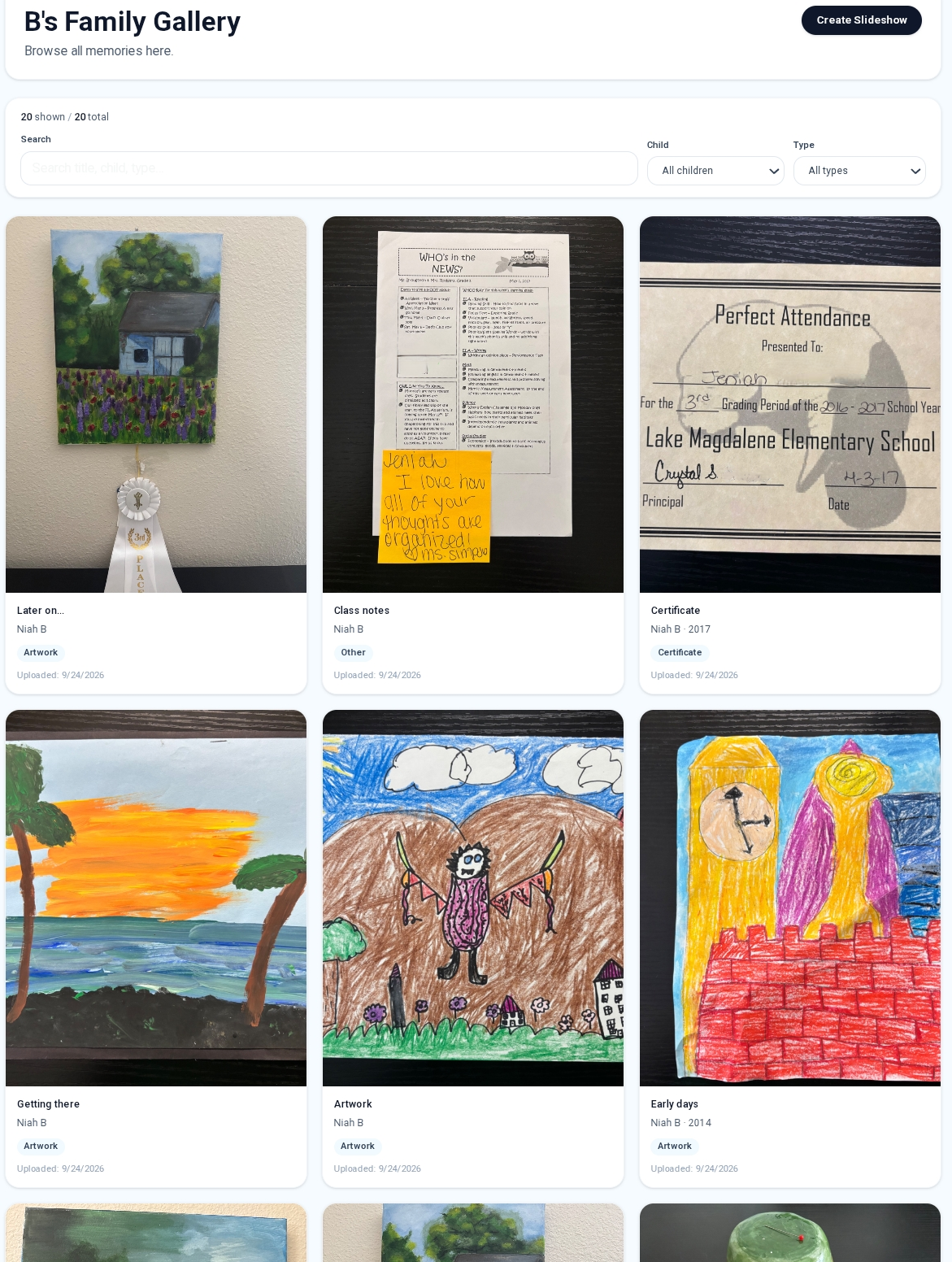A gallery of saved childhood memories in Art Memory Box